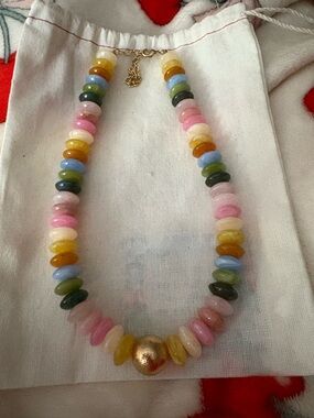 Multicolor Pastel Disc Bead Necklace with Gold Bead Accent